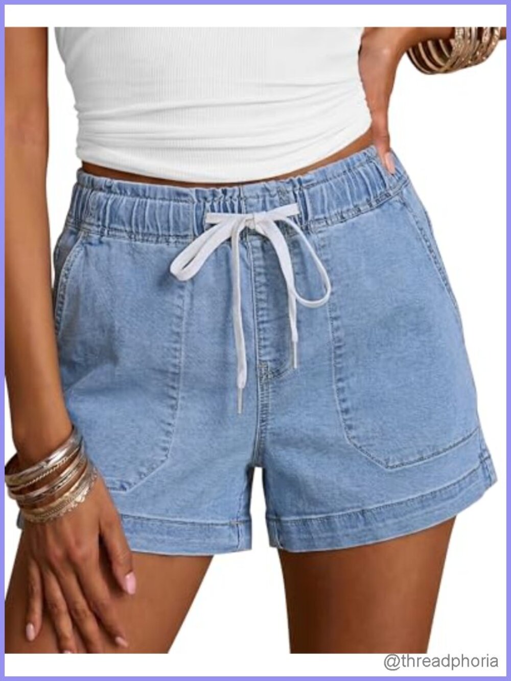 High Waisted Pull On Denim Jean Shorts 4 Inch Inseam Drawstring Jorts